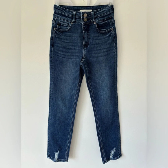 Kancan Estilo Dark Wash Distressed Raw Hem Skinny Fit Denim Jean Double Button - Picture 1 of 9